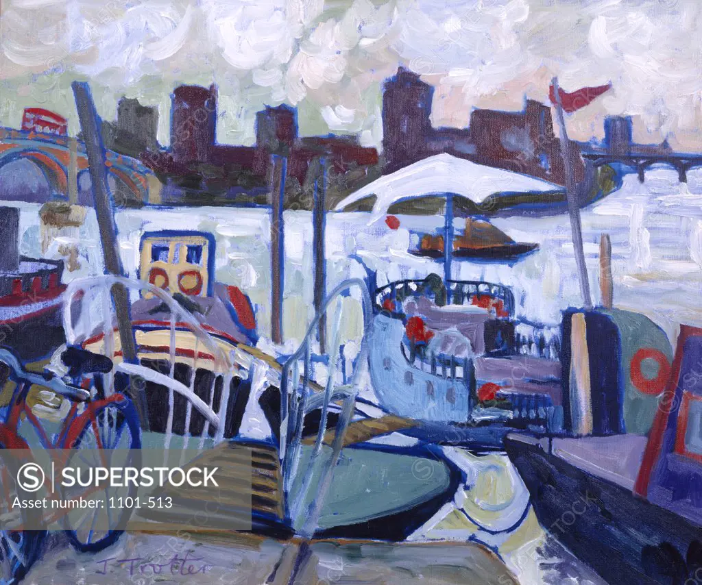 Chelsea Wharf,  by Josephine Trotter (b.1940/British) oil on canvas circa 1993