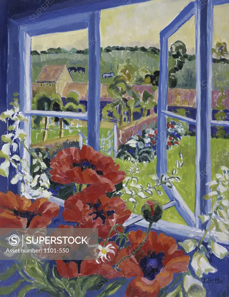 Poppies and Farm Josephine Trotter (b.1940/British)
