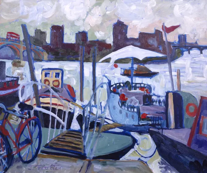 Chelsea Wharf,  by Josephine Trotter (b.1940/British) oil on canvas circa 1993