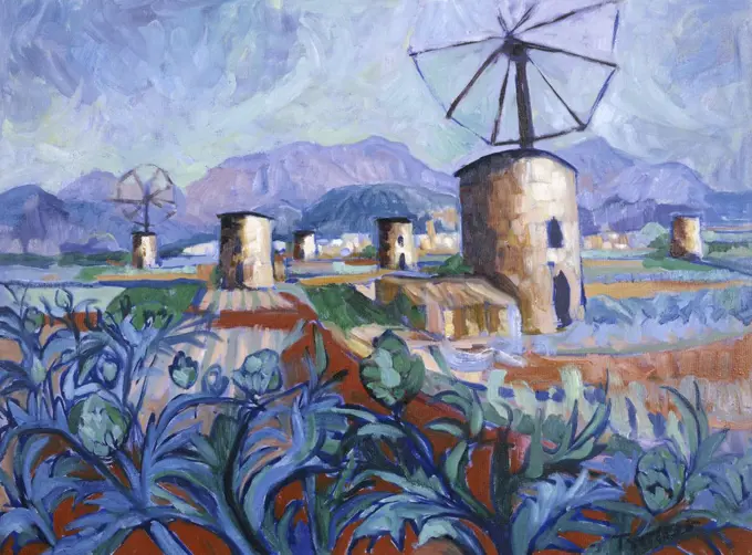 Majorcan Windmills  Josephine Trotter (b.1940/British) 