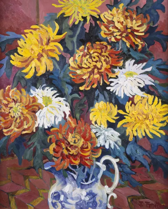 Chrysanthemums (In Blue Jug) 1996 Josephine Trotter (b.1940/British)