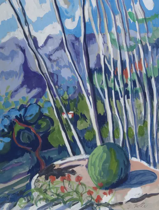 Landscape with watermelon in front by Josephine Trotter (b.1940/British)