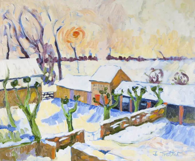 Farm building covered by snow by Josephine Trotter (b.1940/British)