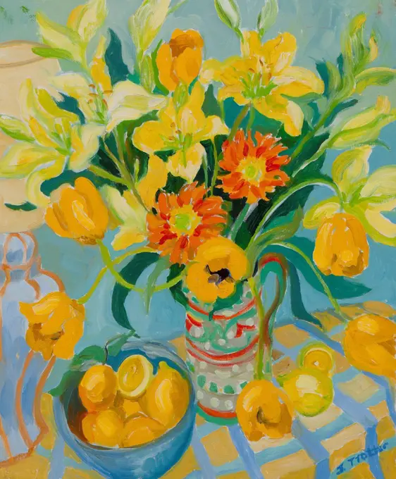 Flowers and Lemons by Josephine Trotter, 2012.  (b.1940/British)
