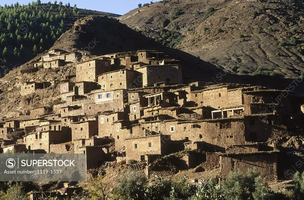 Low angle view of old buildings on a mountain, Morocco