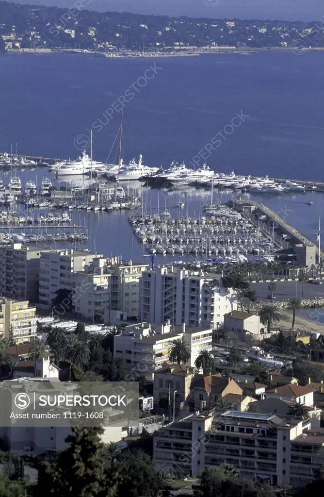 Aerial view of buildings in a city, Juan-les-Pins, Antibes, France