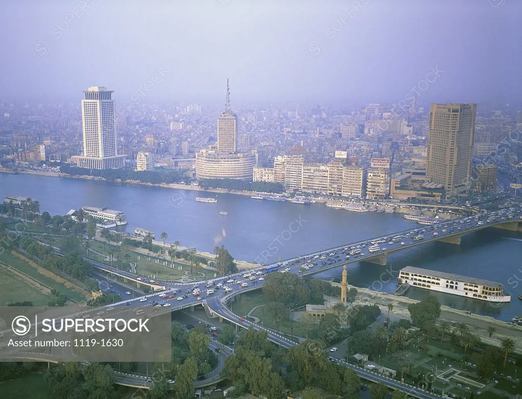 Aerial view of a bridge across a river, Cairo, Egypt