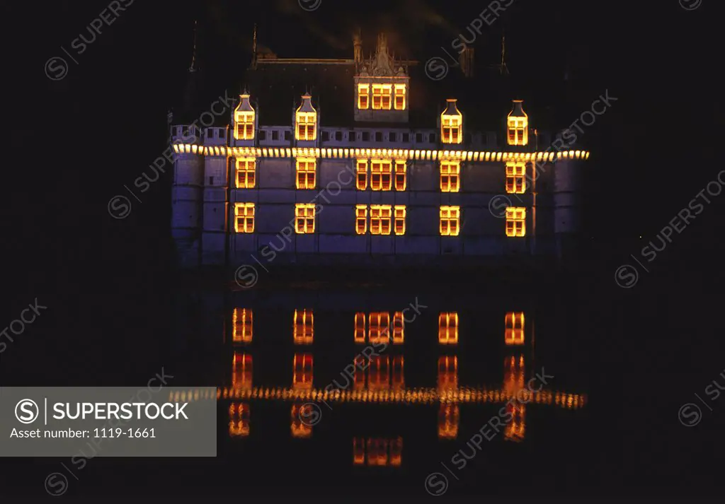 Castle lit up at night, Chateau d'Azay-le-Rideau, Azay-le-Rideau, Loire Valley, France