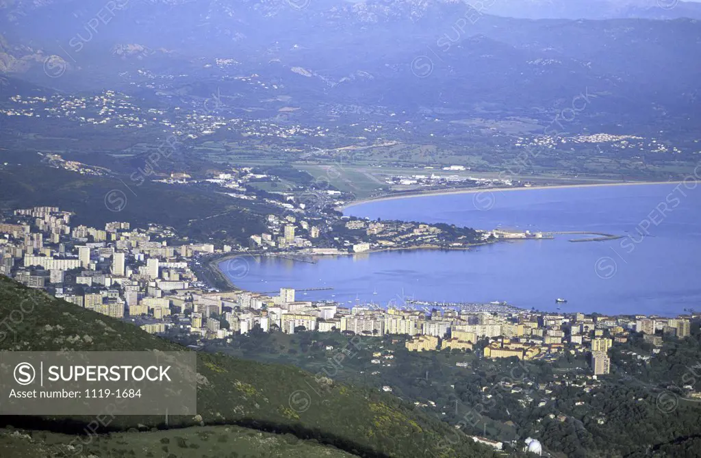 Aerial view of buildings in a city, Ajaccio, Corsica, France