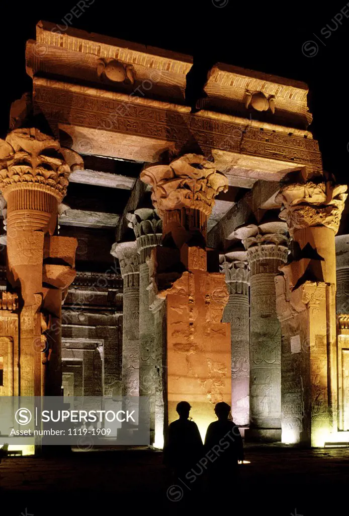 Low angle view of a temple lit up at night, Temple of Kom Ombo, Kom Ombo, Egypt