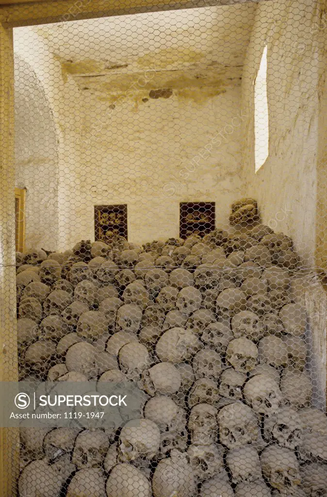 Heap of skulls in a chapel, St. Catherine's Monastery, Sinai, Egypt