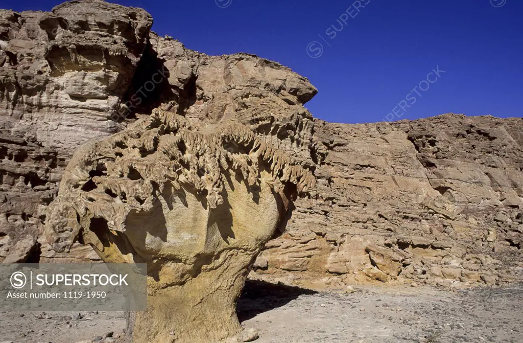 Low angle view of a mushroom rock, Sinai Desert, Egypt