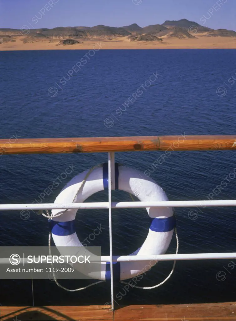 Close-up of a life belt tied to a railing of a boat, Lake Nasser, Egypt
