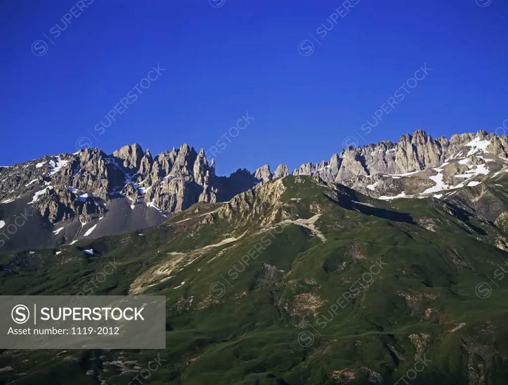 Low angle view of mountains, Le Setaz Rocky Mountain, Valloire, France