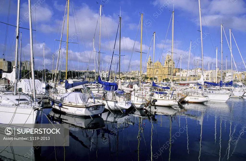 Boats docked in a harbor, Msida, Malta