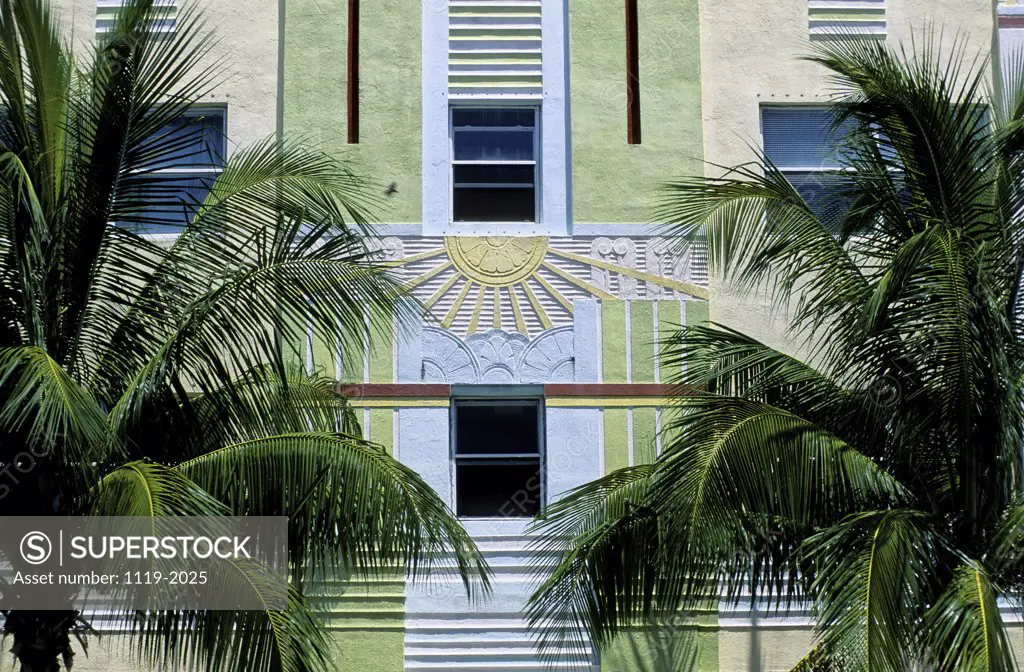 Palm trees in front of a building, Miami Beach, Florida, USA