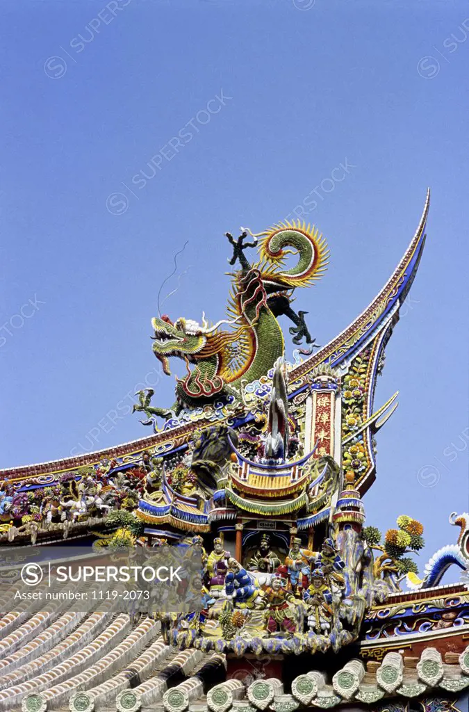 Low angle view of decorated roof of a temple, Taipei Confucius Temple, Taipei, Taiwan