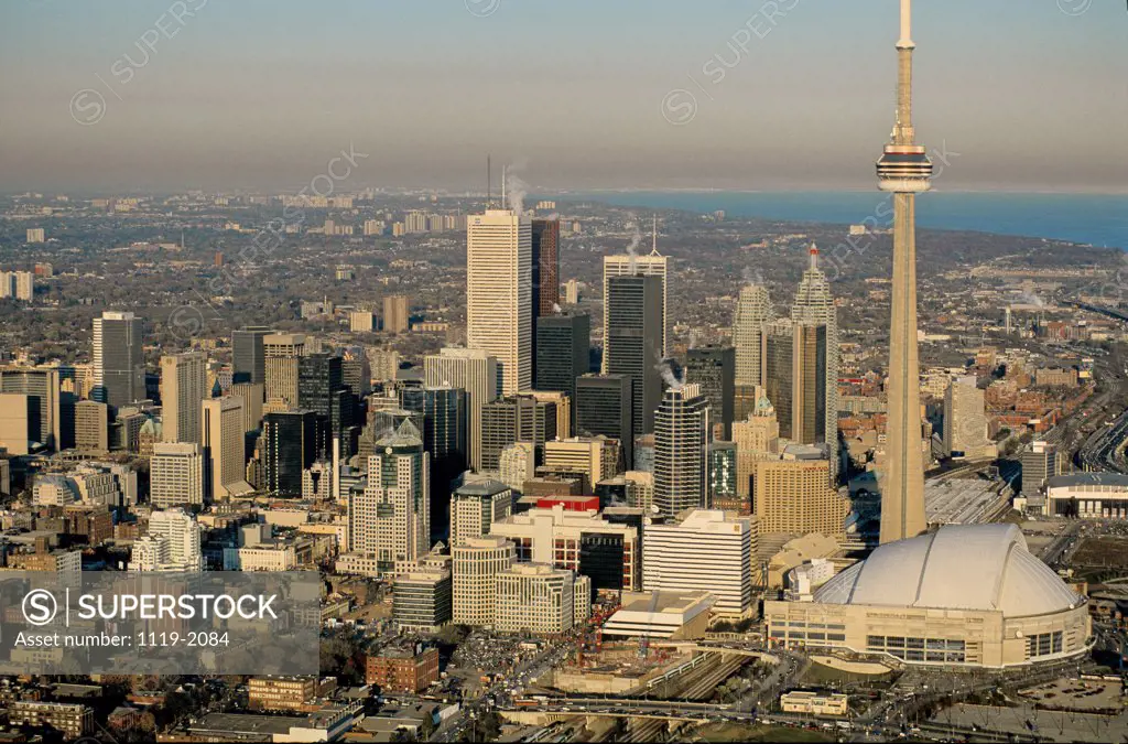 Aerial view of skyscrapers in a city, CN Tower, Toronto, Ontario, Canada