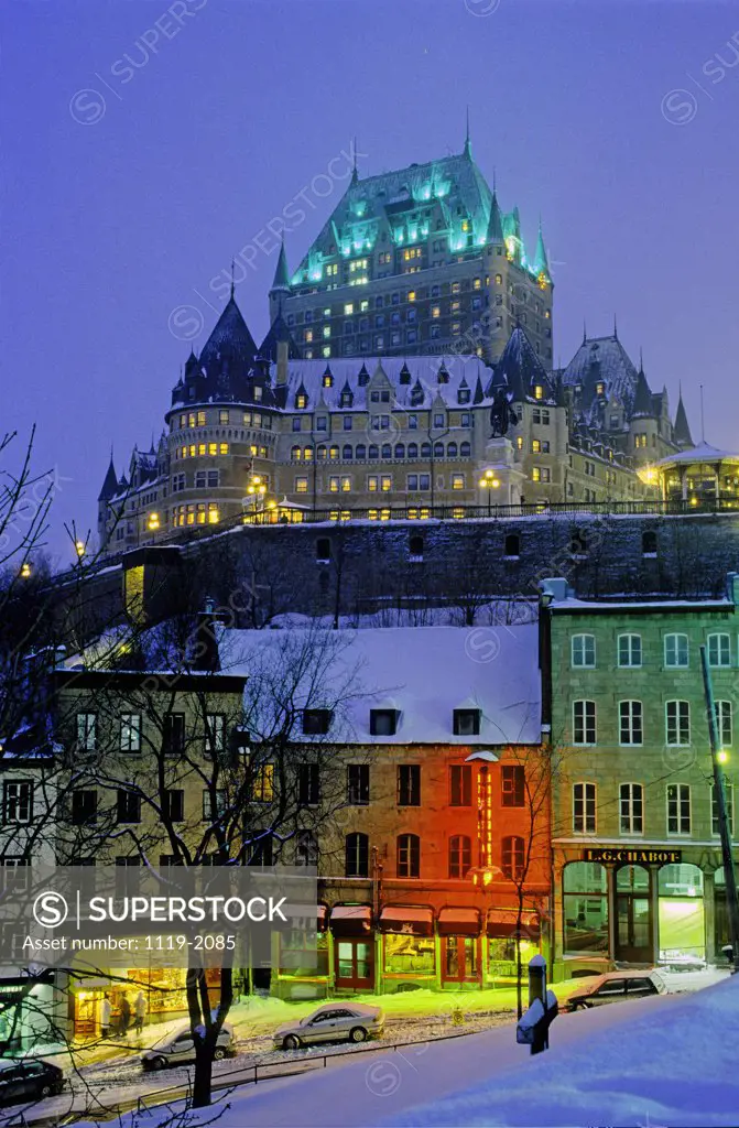 High angle view of a building lit up at dusk, Chateau Frontenac, Quebec City, Quebec, Canada