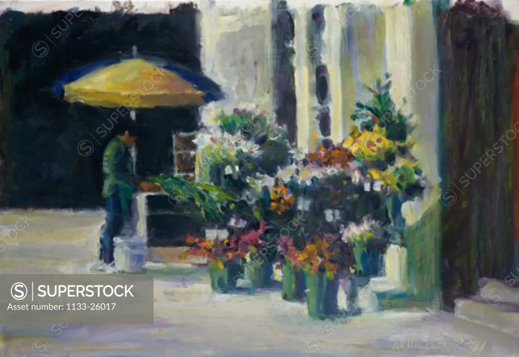 Flowerman  Patti Mollica (20th C./American) Oil on canvas board 