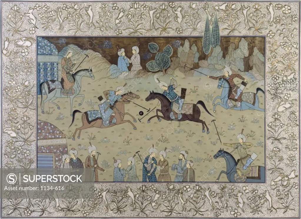 Royal Indian Court Polo Scenes (Jaipur Rajasthan Desert, India)  Artist Unknown (Indian)  Watercolor on silk Chisholm Gallery, West Palm Beach, Florida 