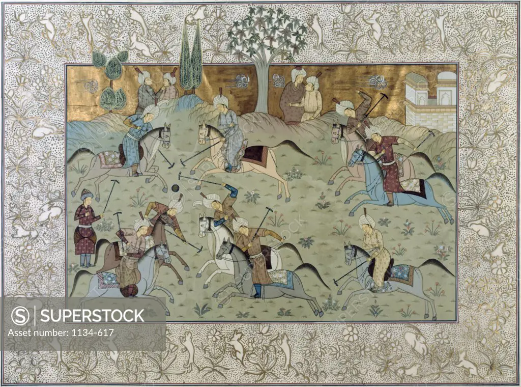 Royal Indian Court Polo Scenes (Jaipur Rajasthan Desert, India)  Artist Unknown (Indian) Watercolor on silk Chisholm Gallery, West Palm Beach, Florida 