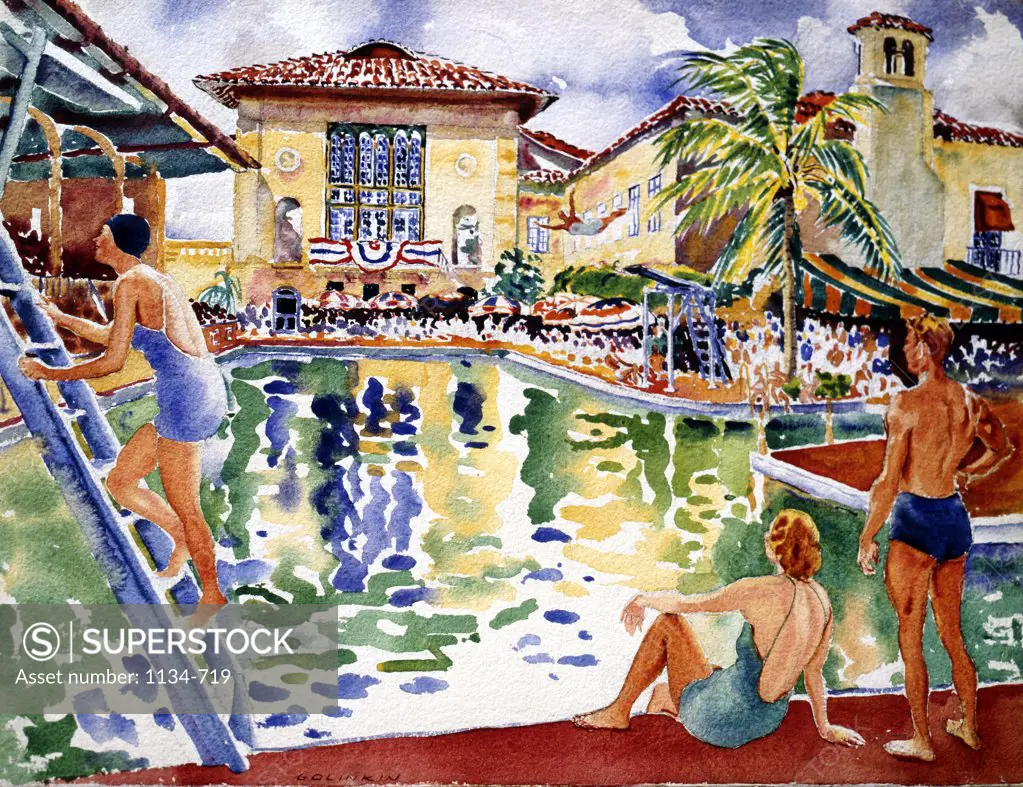 Bath Club Pool, Fourth of July Palm Beach Series by Joseph Webster Golinkin, Watercolor, circa 1935, (1896-1977), USA, Florida, West Palm Beach, Chisholm Gallery