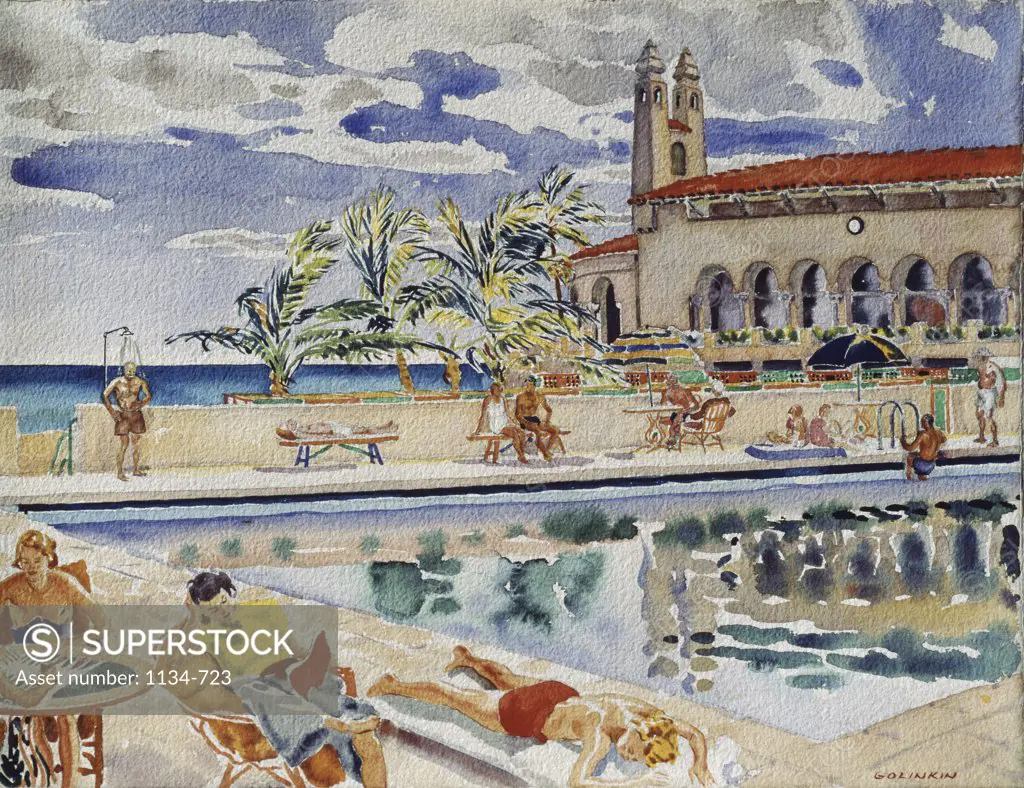 Pool at the Bath and Tennis Club- Palm Beach Series c.1935 Joseph Webster Golinkin (1896-1977 American) Watercolor Chisholm Gallery, West Palm Beach, Florida 