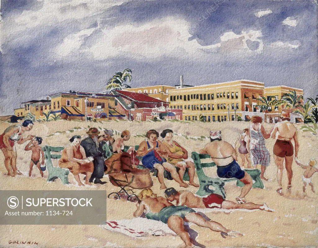 Public Beach, Miami Series  c. 1935 Joseph Webster Golinkin (1896-1977 American) Watercolor Chisholm Gallery, West Palm Beach, Florida 