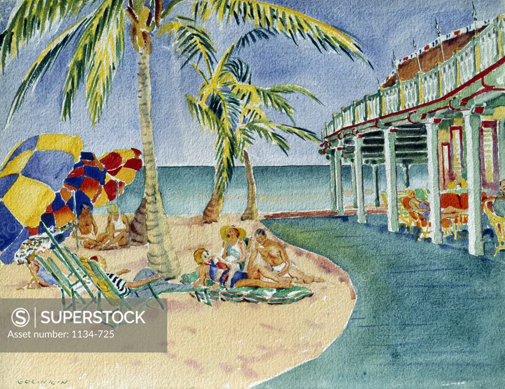 Sun and Surf Cabanas - Palm Beach Series by Joseph Webster Golinkin, Watercolor, circa 1935, (1896-1977), USA, Florida, West Palm Beach, Chisholm Gallery