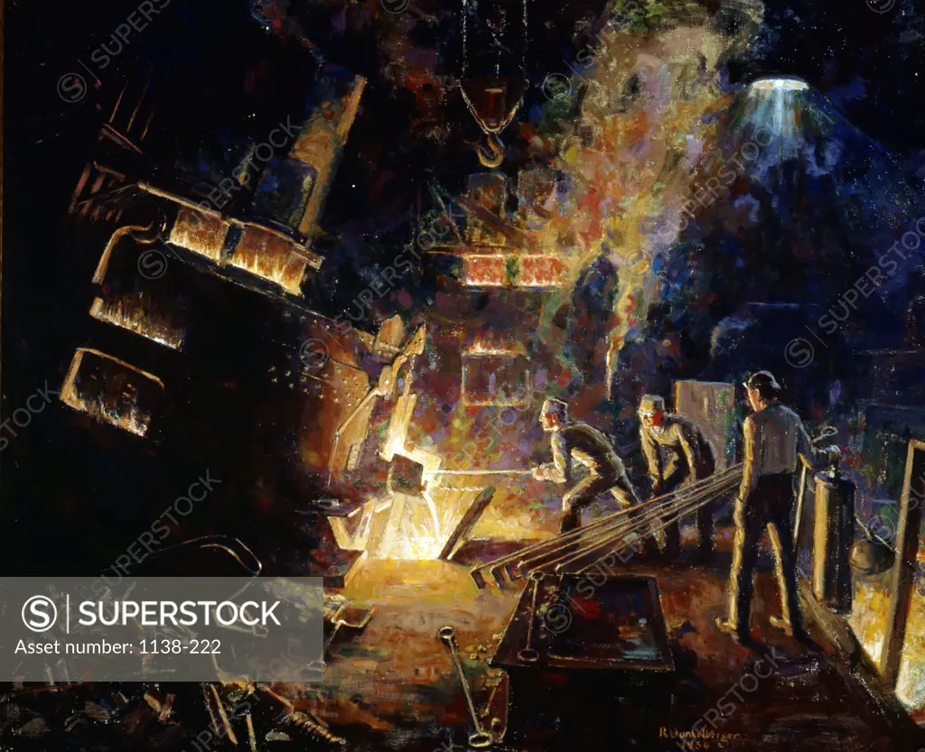 Tapping Electric Arc Steel Furnace by R. D. Dunkelberger,  oil on canvas,  1936,  USA,  Pennsylvania,  University Park,  Pennsylvania State University,  College of Earth and Mineral Sciences,  Steidle Collection