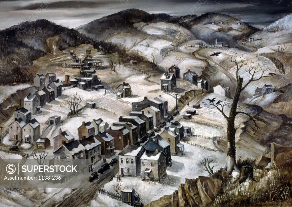 Company Row by Alan Thompson,  oil on masonite,  1941,  USA,  Pennsylvania,  University Park,  Pennsylvania State University,  College of Earth and Mineral Sciences,  Steidle Collection