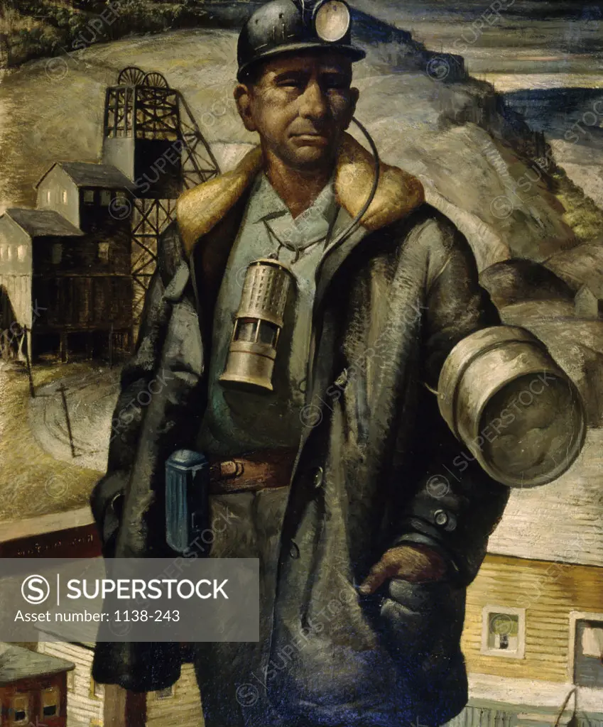 The Miner by Roy Hilton (1891-1963),  oil on canvas,  1954,  USA,  Pennsylvania,  University Park,  Pennsylvania State University,  College of Earth and Mineral Sciences,  Steidle Collection