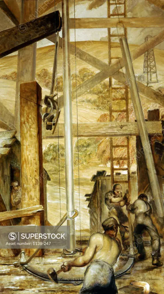 Changing the Bit by Edmund M. Ashe,  oil on canvas,  1939,  USA,  Pennsylvania,  University Park,  Pennsylvania State University,  College of Earth and Mineral Sciences,  Steidle Collection