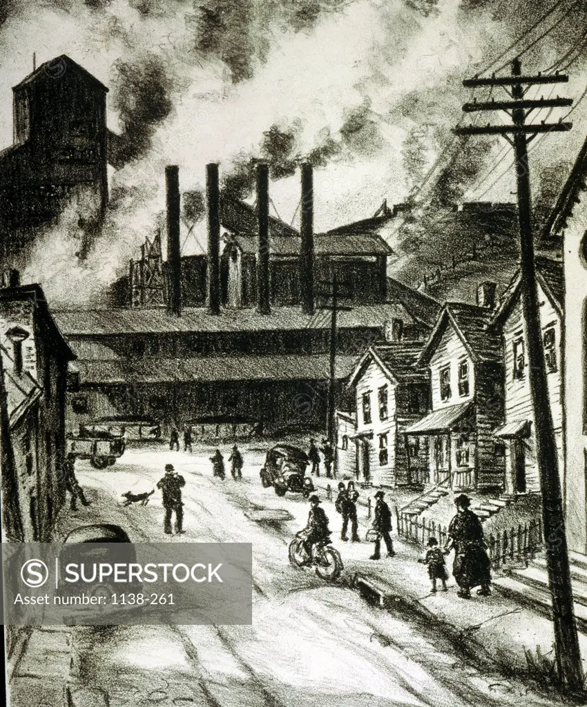 Coal Town by Michael Gallagher,  lithograph,  (b.1945),  USA,  Pennsylvania,  Philadelphia,  Pennsylvania State University,  College of Earth and Mineral Sciences,  Steidle Collection,  1940