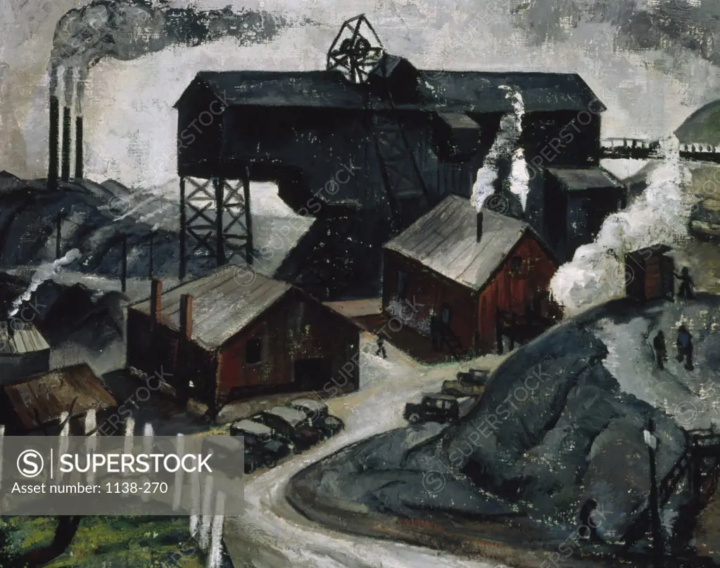 Bituminous Coal Tipple by Louise Pershing,  oil on canvas,  USA,  Pennsylvania,  Philadelphia,  Pennsylvania State University,  College of Earth and Mineral Sciences,  Steidle Collection,  1936