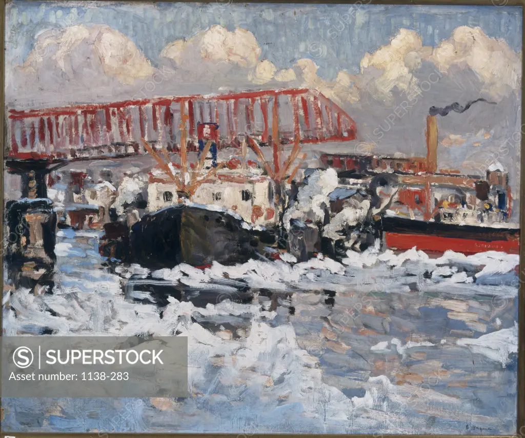 The Drawbridge (Oil Tanker In Winter) Fred Wagner (1864-1940/American) Oil On Canvas Board Steidle Collection, College of Earth & Mineral Sciences, Pennsylvania State University