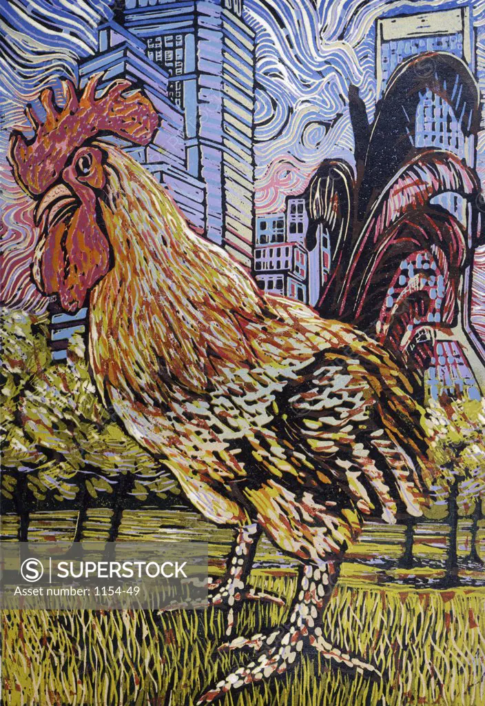 River Rooster by Barry Wilson, woodcut print, (born 1929)