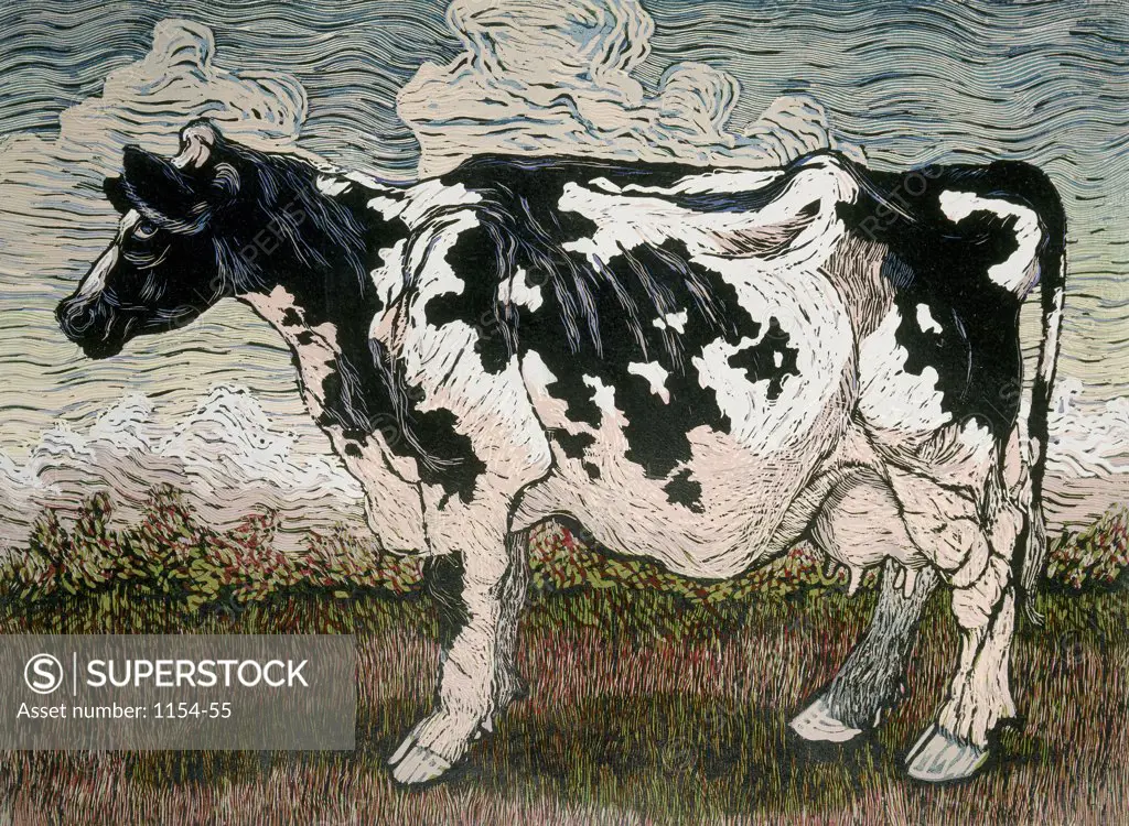 Cow and Clouds  Barry Wilson (b.1961/American) Woodcut print 