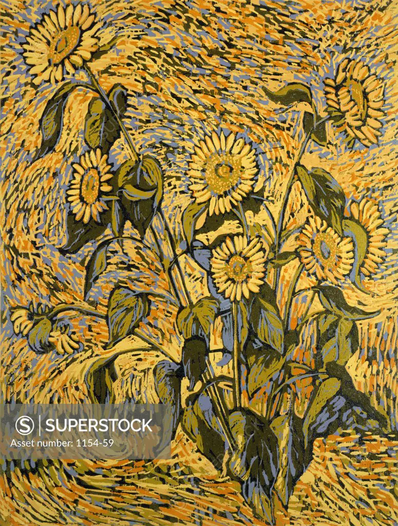 Sunflowers by Barry Wilson, woodcut Print, (born 1929)