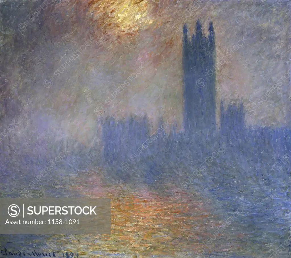 London Parliament (Patch of Sun in the Fog)  1904  Claude Monet (1840-1926 French)  Oil on canvas Musee d'Orsay, Paris, France
