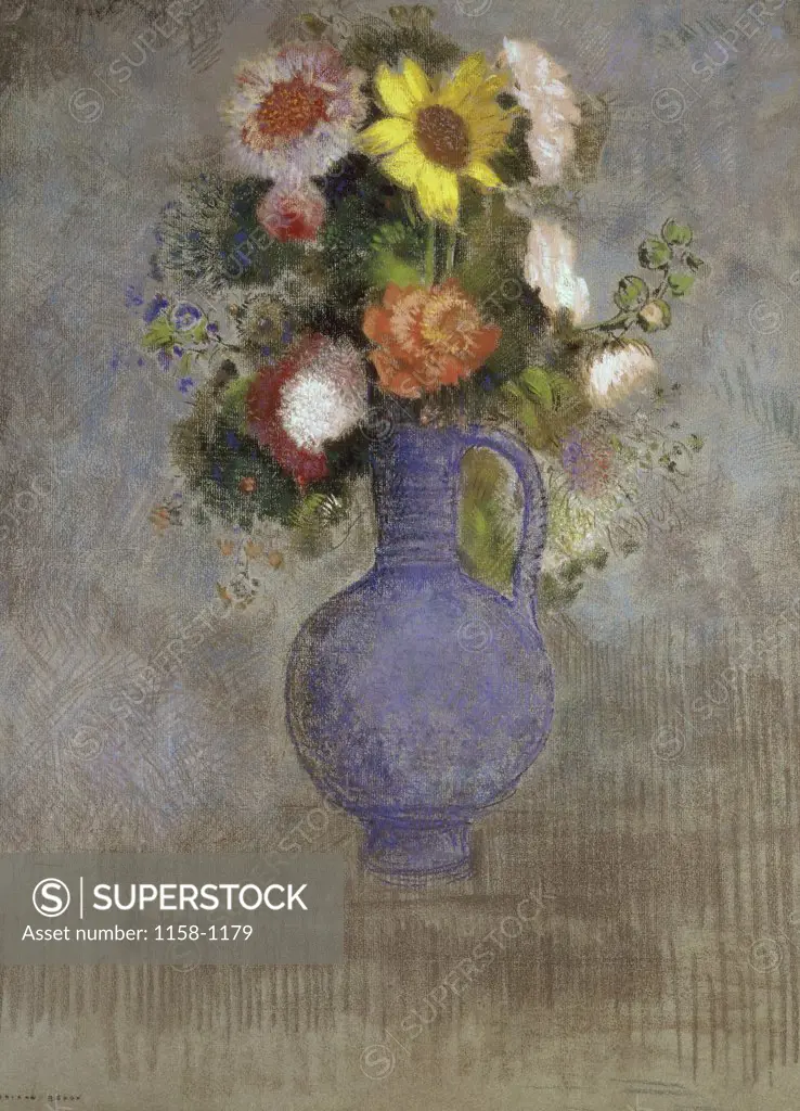 Bouquet in a Blue Vase  (Bouquet dans un vase bleu)  c. 19th C. Odilon Redon (1840-1916/French)  Private Collection  