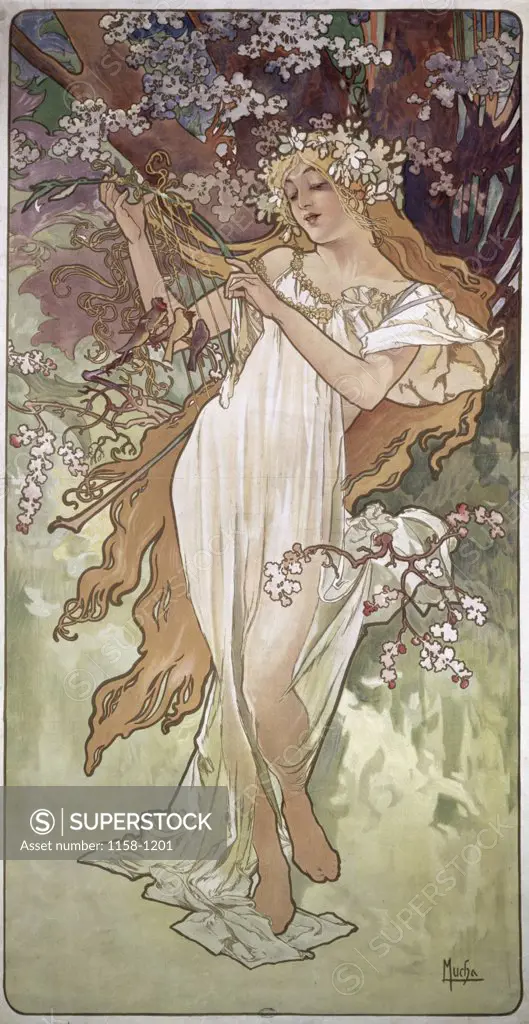 Four Seasons- Spring  c. 1896 Alphonse Marie Mucha (1860-1939/Czech) Poster Bibliotheque Forney     