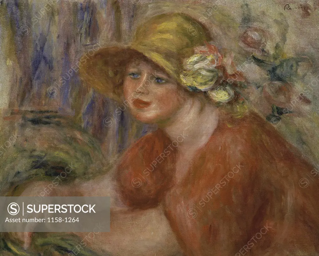Seated Woman in a Hat with a Flower  (Femme Assise au Chapeau Fleur)  1917, Pierre-Auguste Renoir (1841-1919/French) Oil on Canvas  Ishibashi Collection, Tokyo 