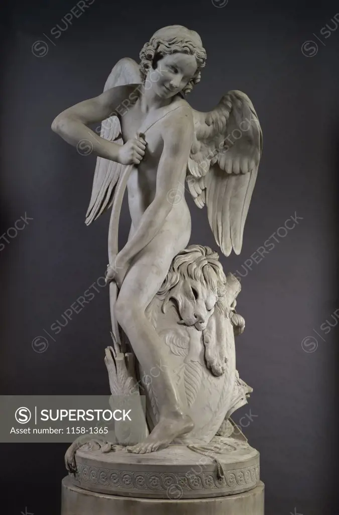 Cupid Making a Bow from the Mace of Hercules c. 1739 Edme Bouchardon (1698-1762/French)  Marble Sculpture Musee du Louvre, Paris 