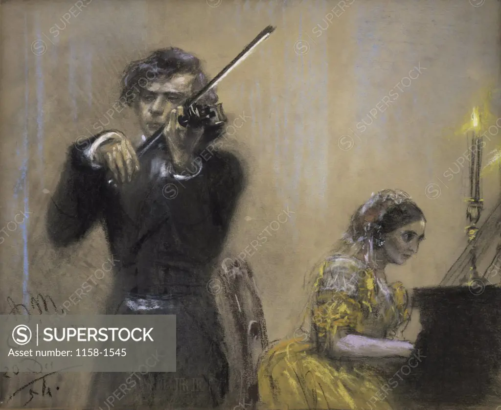 A Violinist and Clara Schumann  1854  Adolf Friedrich Erdmann von Menzel (1815-1905/German)  Private Collection, Zurich 