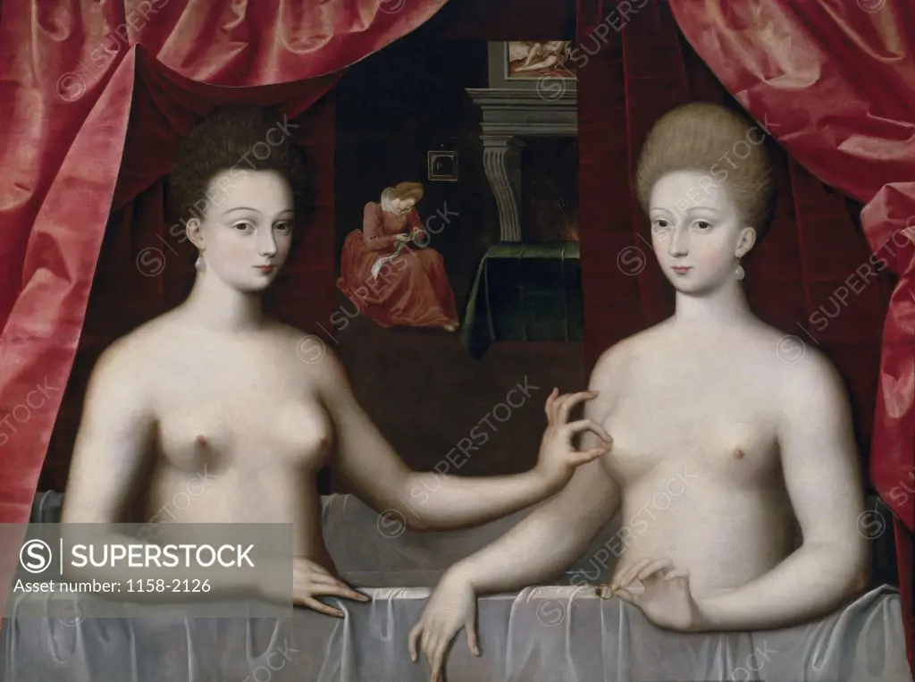 Gabrielle d'Estrees and One of Her Sisters  1590 Oil on wood  School of Fontainebleau  Musee du Louvre, Paris  