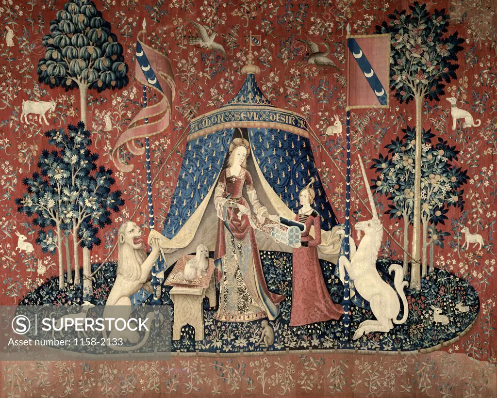 Lady and the Unicorn (La Dame Devant un Pavillon) 15th Century Tapestry (Flemish) Musee National du Moyen Age, Thermes & Hotel de Cluny, Paris, France
