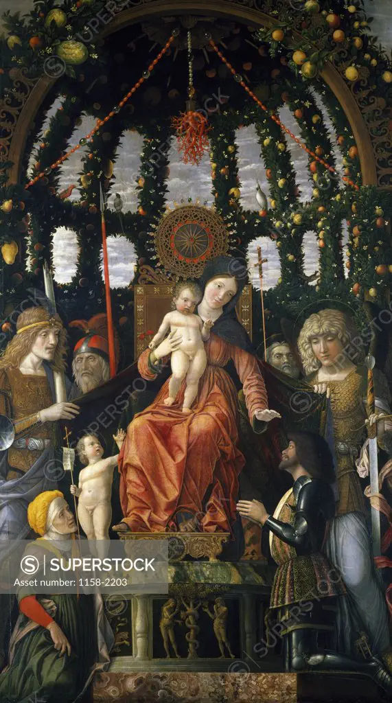 Virgin and Child Surrounded by six saints and Gianfrancesco II Gonzaga,  or Madonna of Victory by Andrea Mantegna,  oil on canvas,  1495,  (1431-1506),  France,  Paris,  Musee du Louvre