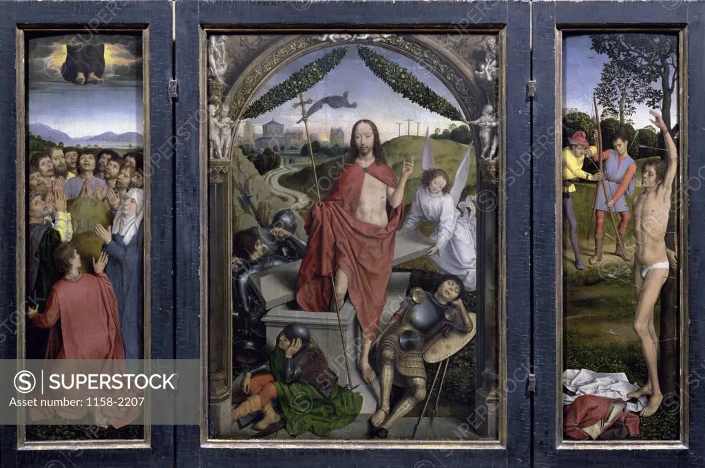 The Resurrection With the Martyrdom of St. Sebastian and the Ascension - (Center Panel) - Triptych  15th C.  Hans Memling (c. 1433-1494/Netherlandish)  Musee du Louvre, Paris 